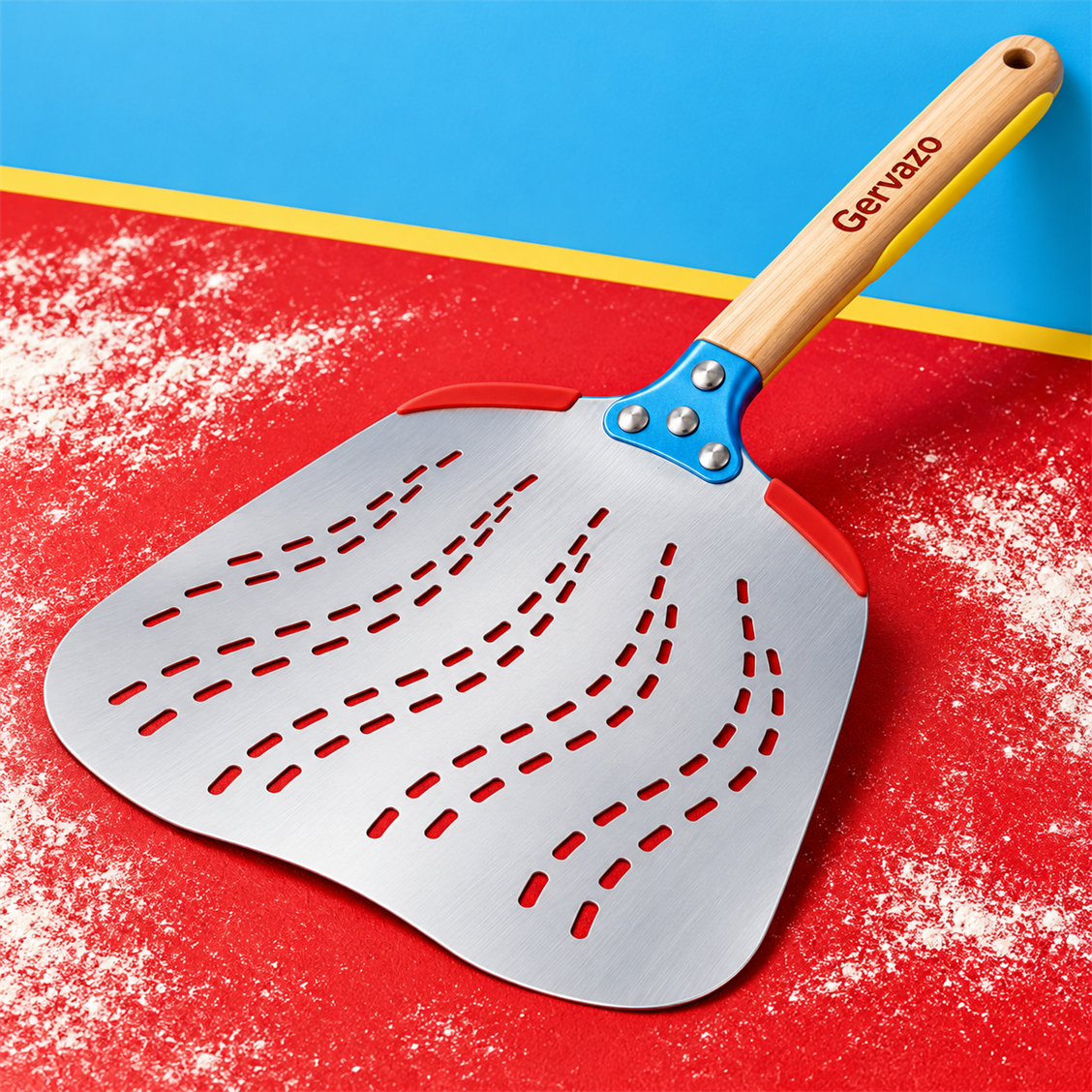 Gervazo Airflow Perforated Pizza Peel detail and in-use view