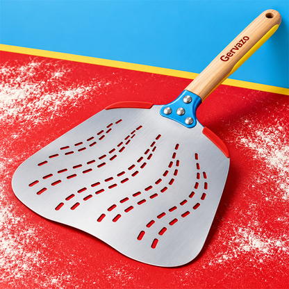 Gervazo Airflow Perforated Pizza Peel detail and in-use view