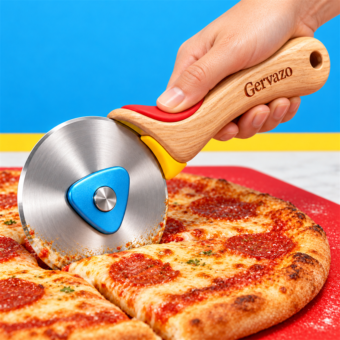 Gervazo Precision Pizza Wheel detail and in-use view